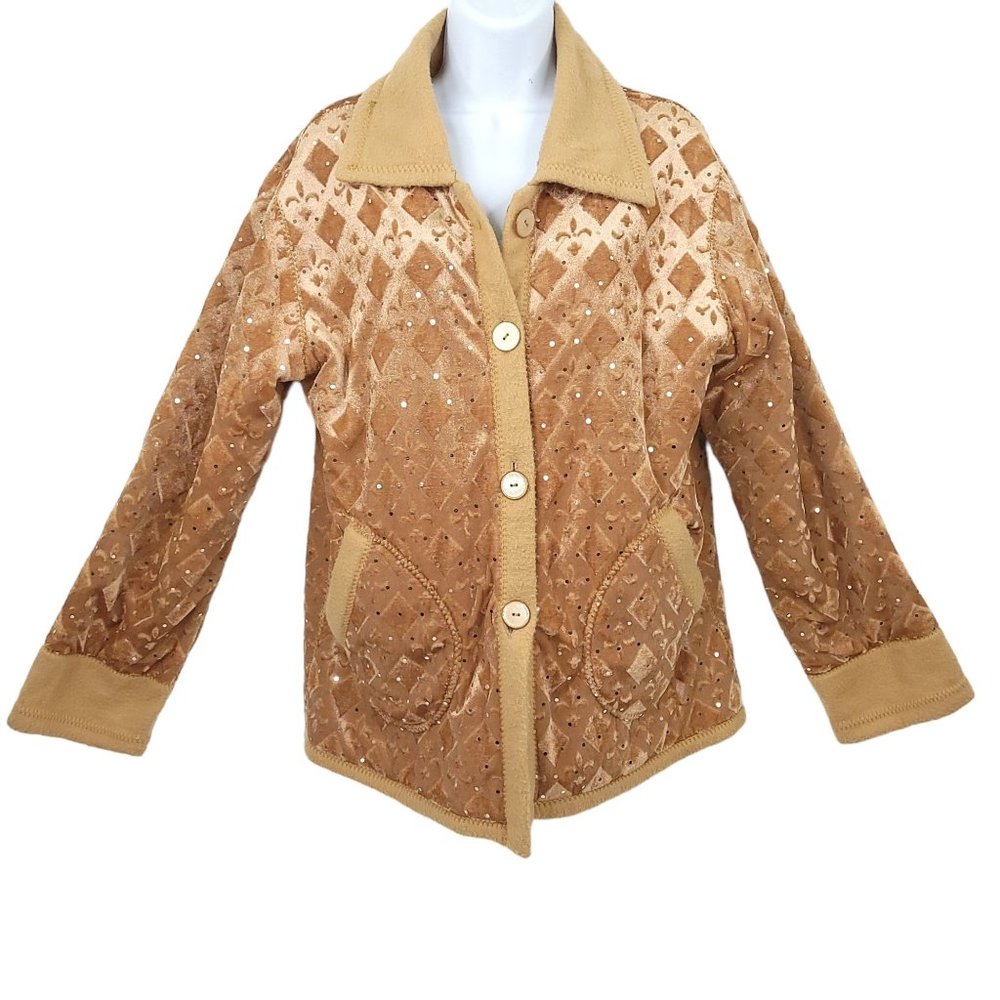 Vintage TC Fashion Fleece Jacket Womens Size XL Sequin Fleur De Lis Reversible